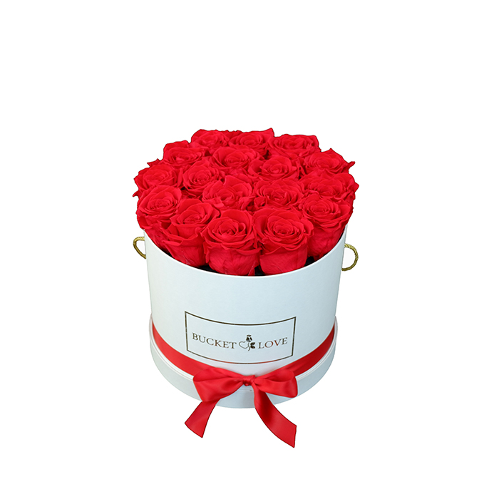 Goldene Schrift auf einem weißen Krug mit roten Rosen vor weißem Hintergrund