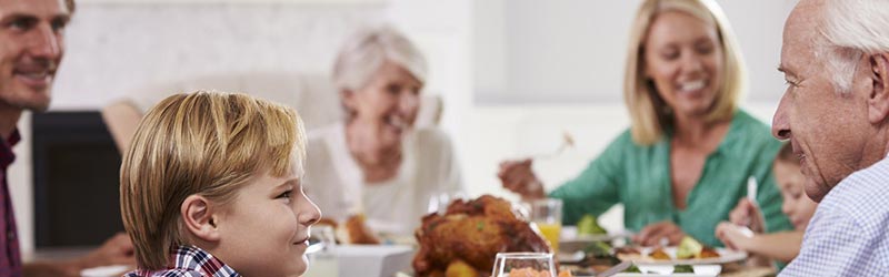 Grandfather and grandson talking over a meal